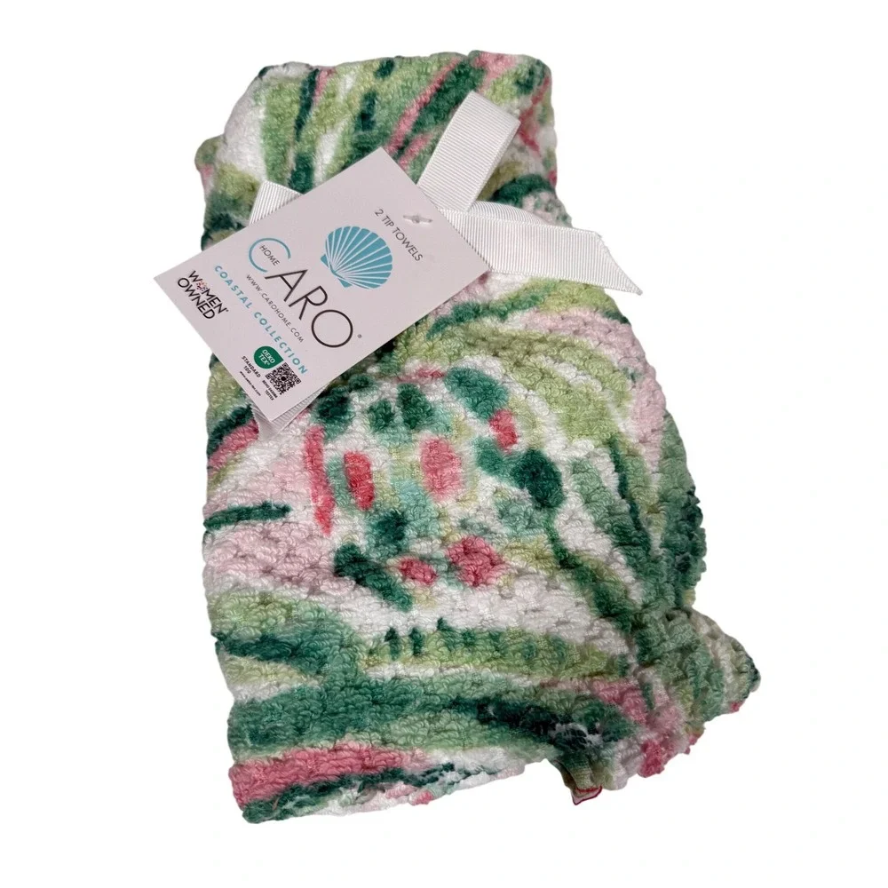 Caro Home Coastal‎ Collection 2 Tip Towels Green Pink Floral Palm Leaf OEKO-TEX